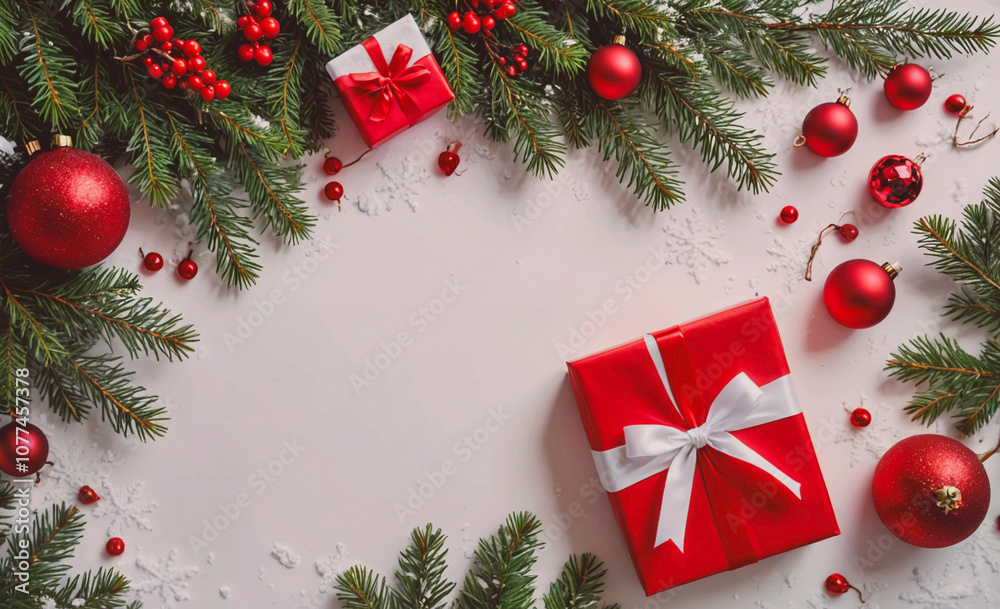 Poster red box with a white bow sits in front of a christmas tree