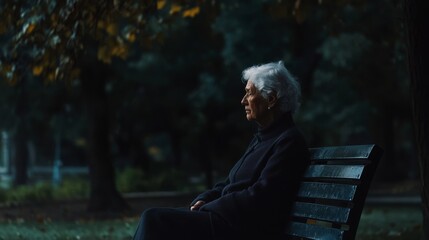 Fototapeta premium An elderly person in a dark coat seated on a park bench under dappled light, embodying solitude and contemplation amidst a lush backdrop.