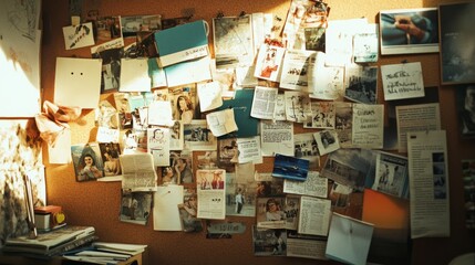A detective's corkboard filled with photos, notes, and maps hints at a mysterious investigation.