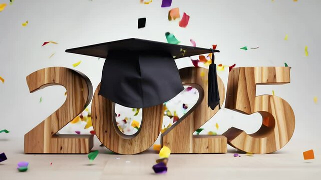 creative concept class 2025 featuring wooden numbers graduation cap confetti symbolizing achievement success students college academic congratulate congratulation degree design academy background