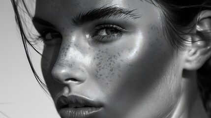 Obraz premium A black and white image that emphasizes shadows and highlights on the face, capturing an elegant and sophisticated appearance