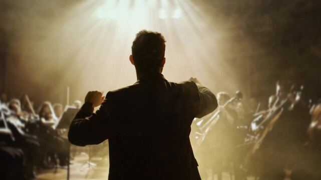 Silhouette Orchestra Conductor Leading Musicians In Concert Hall Performance Dramatic Lighting