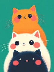 Fototapeta premium Three cats stacked playfully in bright minimalist style.