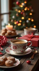 Fototapeta premium Cup of coffee, cookies on New Year's background
