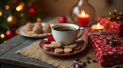 Fototapeta premium Cup of coffee, cookies on New Year's background