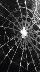 A close-up of a spider web with intricate patterns against a dark background.