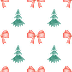 Christmas trees, red bow. Watercolor seamless pattern on white background for textile and paper. Cute Christmas illustration