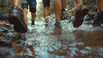 Adventurous hikers splash through a forest stream, capturing the spirit of exploration and nature’s beauty in a dynamic motion-packed outdoor scene.