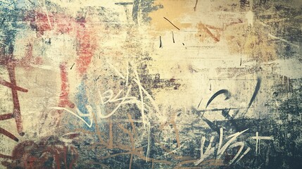 Graffiti-laden wall with scratches and splattered paint