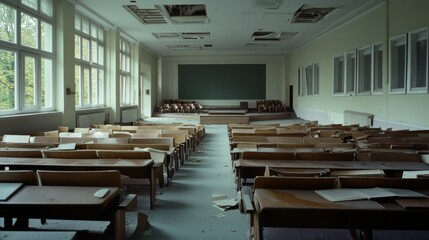 An abandoned classroom with scattered papers and broken ceiling tiles evokes a sense of neglect and silence.