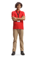 African american shop assistant in a red t-shirt