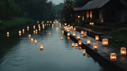 Warm glowing lanterns float along a serene canal next to rustic wooden houses, creating a magical evening ambiance.