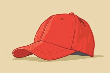 Fototapeta premium Red baseball cap with stitching details and subtle highlights on a beige background. Minimalist illustration style with soft shadow for fashion accessory concept in design and print.
