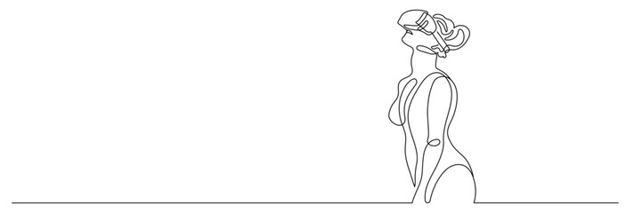 WebWoman wearing virtual reality glasses. Young woman is experiencing virtual reality through a VR headset.One continuous line .One continuous drawing line logo isolated minimal illustration.
