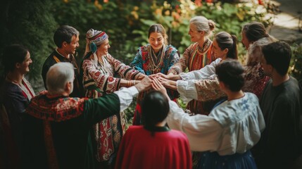 A colorful group in traditional attire join hands in a circle, celebrating unity and cultural diversity in a vibrant outdoor setting.