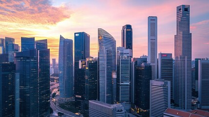 Fototapeta premium Skyscrapers Against a Pink Sunset Sky in Singapore