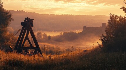 Naklejka premium A medieval catapult stands against a misty sunrise with a distant castle backdrop, evoking a sense of ancient history and serene beauty.