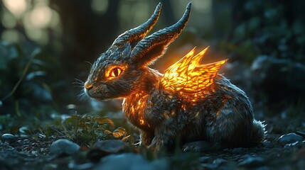 Obraz premium Rabbit on dragon head amidst forest with blazing fire background picture