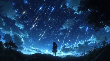 Fototapeta premium A child stands silhouetted against a night sky filled with shooting stars, looking up in wonder.