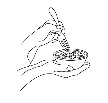recommend clip art: WebHand hold chopstick and noodle in continuous line art drawing style isolated on white background.