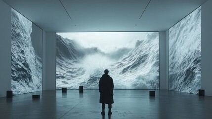 Fototapeta premium A lone figure stands in a minimalist gallery space, gazing at a large-scale projection of a stormy sea.