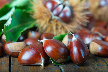 Chestnuts with leaves and burs on a wooden table