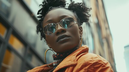 A person dressed in current urban fashion, in an urban environment. May include fashion details such as sunglasses, trendy accessories, and designer or fast fashion clothing