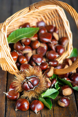 Chestnuts with leaves and burs on a wooden table