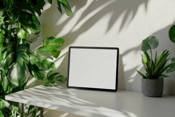 A blank tablet screen on a white table surrounded by green indoor plants, creating a minimalist, nature-inspired workspace with soft shadows