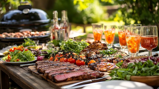 Festive outdoor dining scene with a variety of grilled meats salads and drinks on the table emphasizing summer parties BBQ recipes and social gatherings