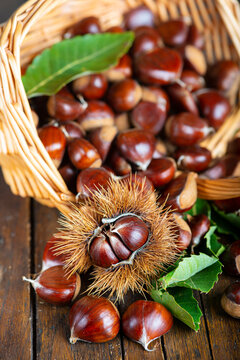 Chestnuts with leaves and burs on a wooden table