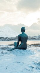 A serene statue of a mermaid overlooks a snowy landscape and distant mountains, AI