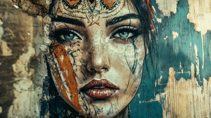 Fototapeta premium A haunting mural captures a woman's weathered face, eyes piercing and storytelling through layered textures.