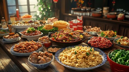 Fototapeta premium Ultra-realistic buffet-style table full of diverse dishes, including pasta, salad, meat, and Chinese food; photorealistic, hypermaximalist 8K fine detail