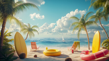 Fototapeta premium Surfboards, inflatable rings, and deckchairs resting on tropical beach await tourists