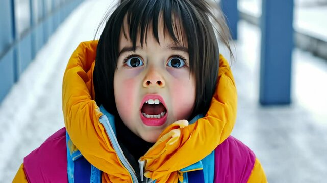 A little one bundled up in a colorful jacket stands at a train station, looking surprised and maybe bewildered by the winter chill and surroundings