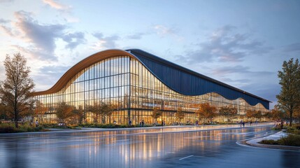 Modern architecture building with glass facade, curved roof and wooden panels.
