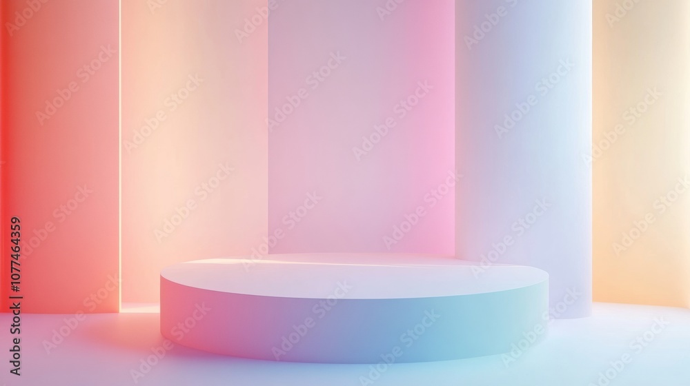 Poster Soft light illuminates pastel-colored cylindrical shapes and a circular platform, creating a serene minimalist atmosphere. Generative AI