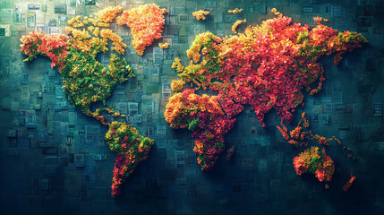 Innovative world map artwork with continents designed as vibrant QR code patterns