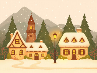 Winter village with houses and pine trees in snow. Christmas and holiday concept. Illustration for greeting cards and winter print with copy space. 