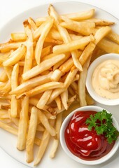 Tasty fries with ketchup and mayo dip on a plate.