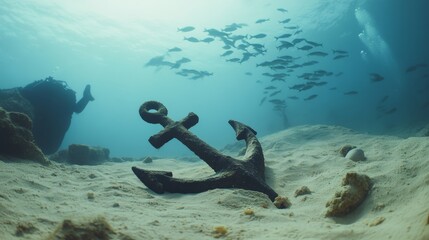 A timeworn anchor rests on the ocean floor, scattered with marine life, evoking a serene underwater world full of past secrets and marine beauty.