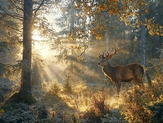Majestic deer in sunlit forest with misty morning rays