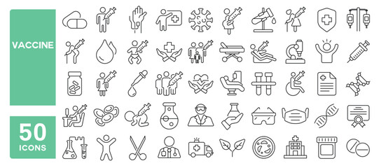 Set of 50 line icons related to vaccine, syringe, virus, protect, needle, hospital, disease, shield, vaccine, dose, treatment, Editable stroke. Vector illustration