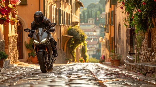 Fototapeta A superbike driving through a historic village, cobblestone streets and traditional houses