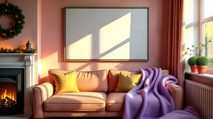 Inviting Scandinavian Home Mockup Featuring Modern Decor, Purple and Orange Elements, and Festive Lights