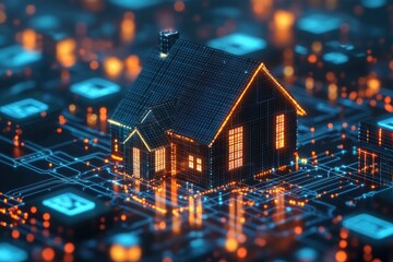 A 3D rendering of a futuristic smart home on a circuit board, representing the integration of technology into modern living.