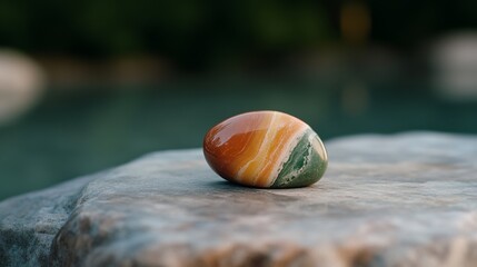 A smooth, multicolored stone rests on a rock, juxtaposed against a blurred natural backdrop, symbolizing peace and natural beauty.