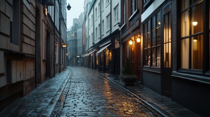 Fototapeta premium A rainy cobblestone street lined with warm-lit shops, evoking a timeless, quaint charm in the evening mist.