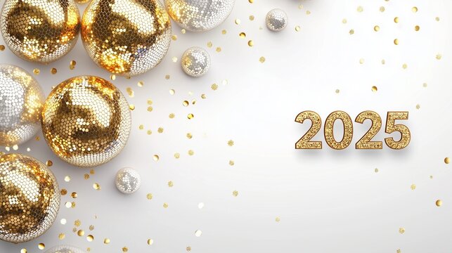 Abstract golden spheres with 2025 text design. - Powered by Adobe